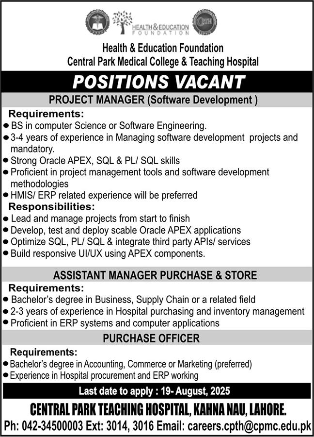 Jobs in Central Park Medical College & Teaching Hospital Lahore